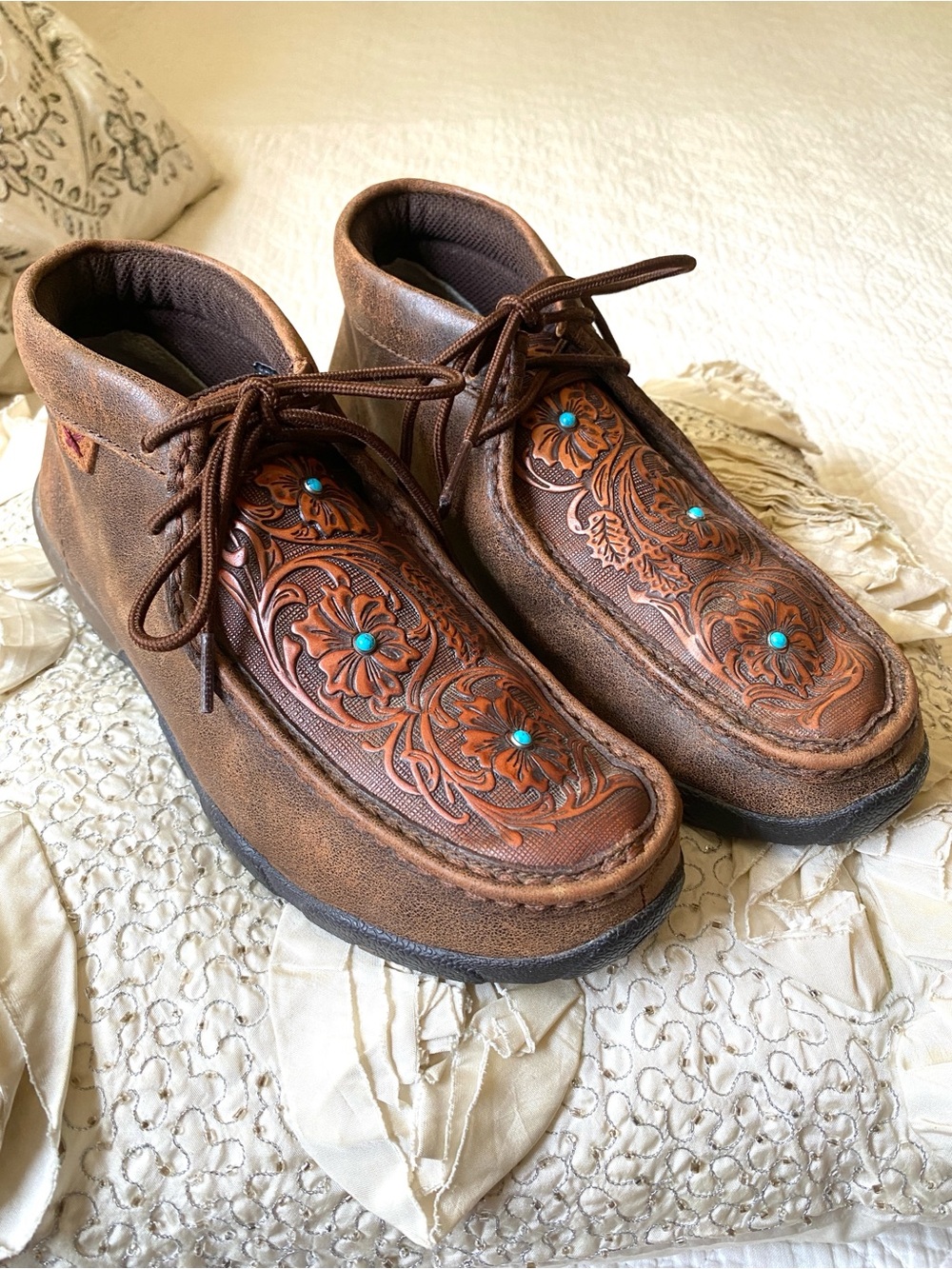 Twisted X Women's Brown Chukka Driving Moccasin Boots Tooled Leather Size 7.5